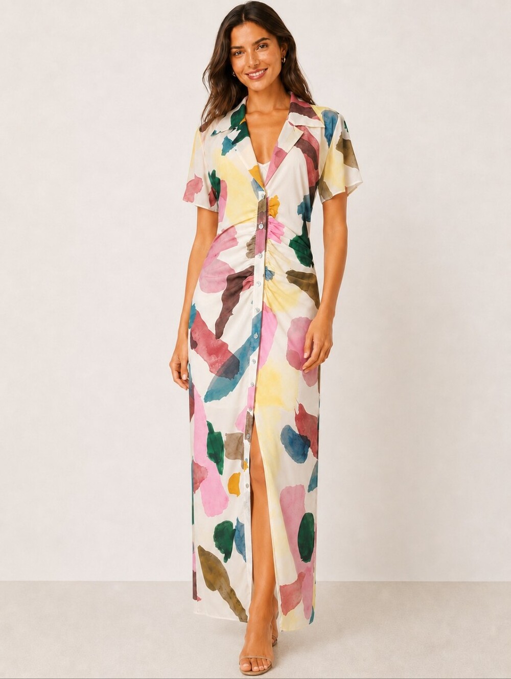 Song of Style Holland Midi Dress Watercolor Print Ruched Waist M